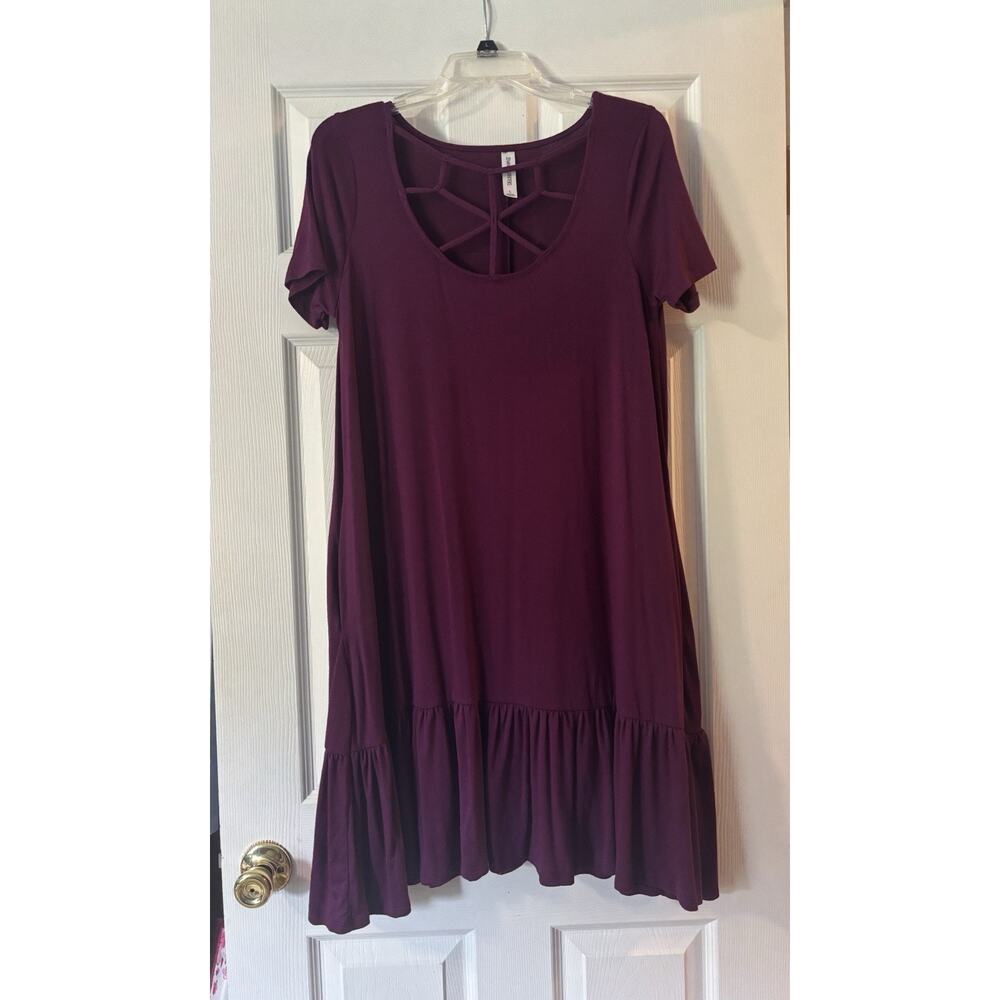 Zenana L Dress Wine/Purple Lattice Chest Ruffle Knee Length Knit